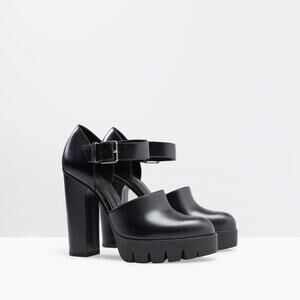 Zara Black High Heel Platform Shoes with Ankle Strap Lugg Sole 41